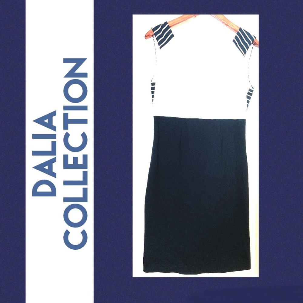 Dalia Collection Navy and White Striped Sheath Dress with Gold Zipper